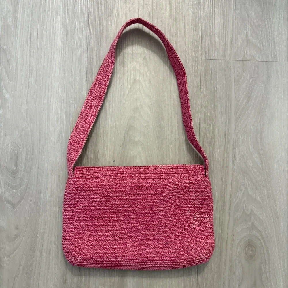 The Scala Collection Bag Pink Crochet Straw Shoulder Bag Butterfly Floral Lining